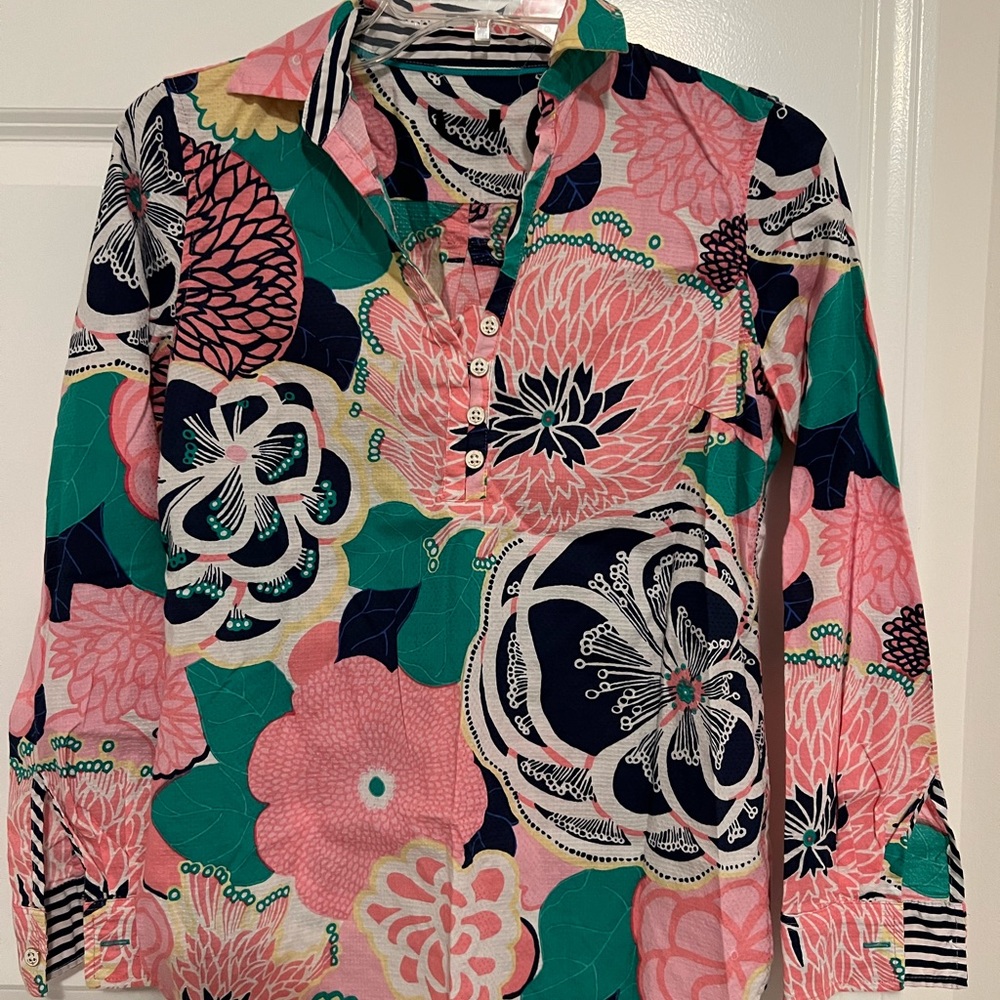 Lilly Pulitzer 100% Cotton Long Sleeve Multicolor Floral Blouse